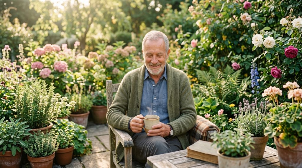 Man having coffee in the garden